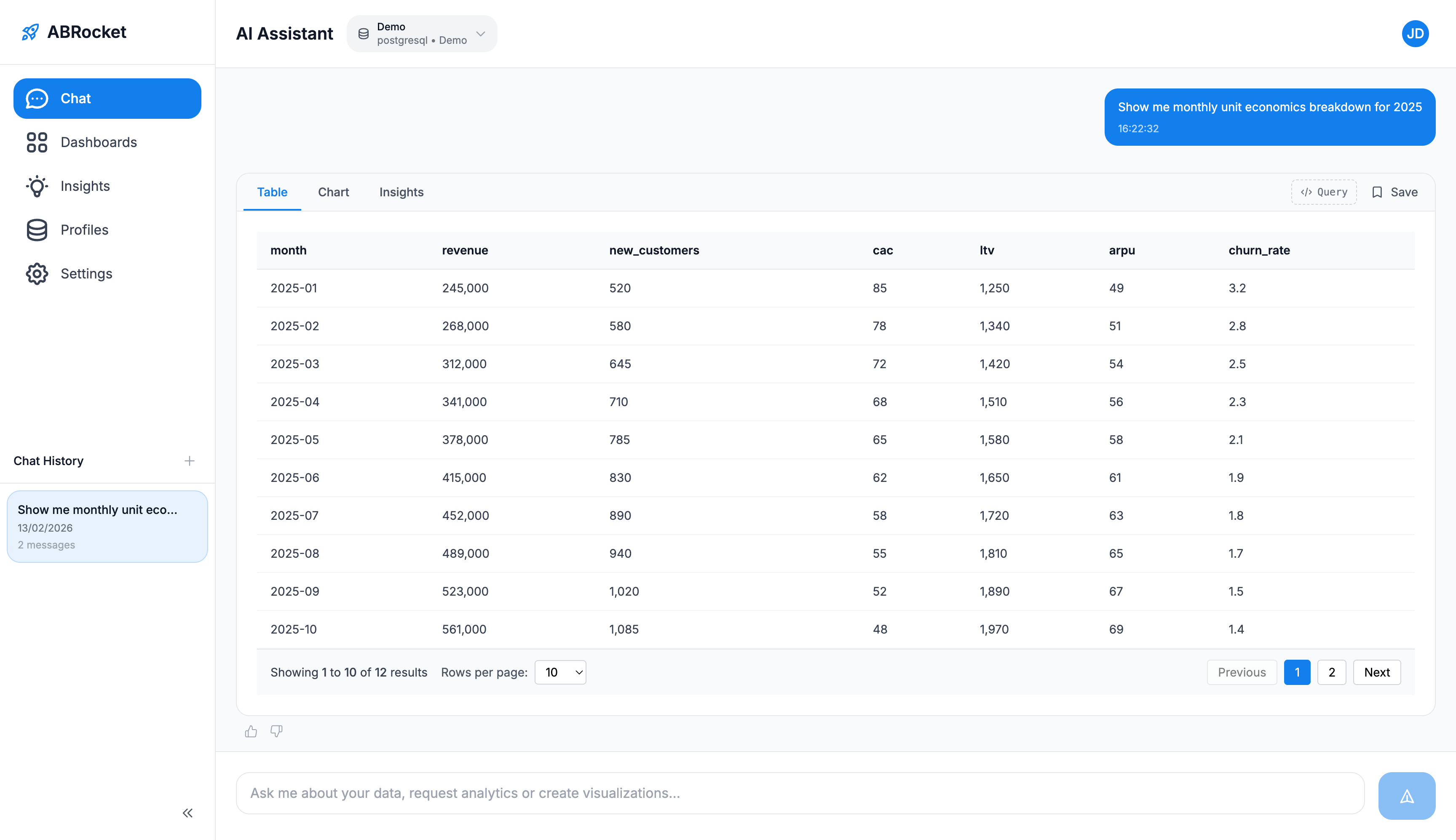 ABRocket chat interface with table results
