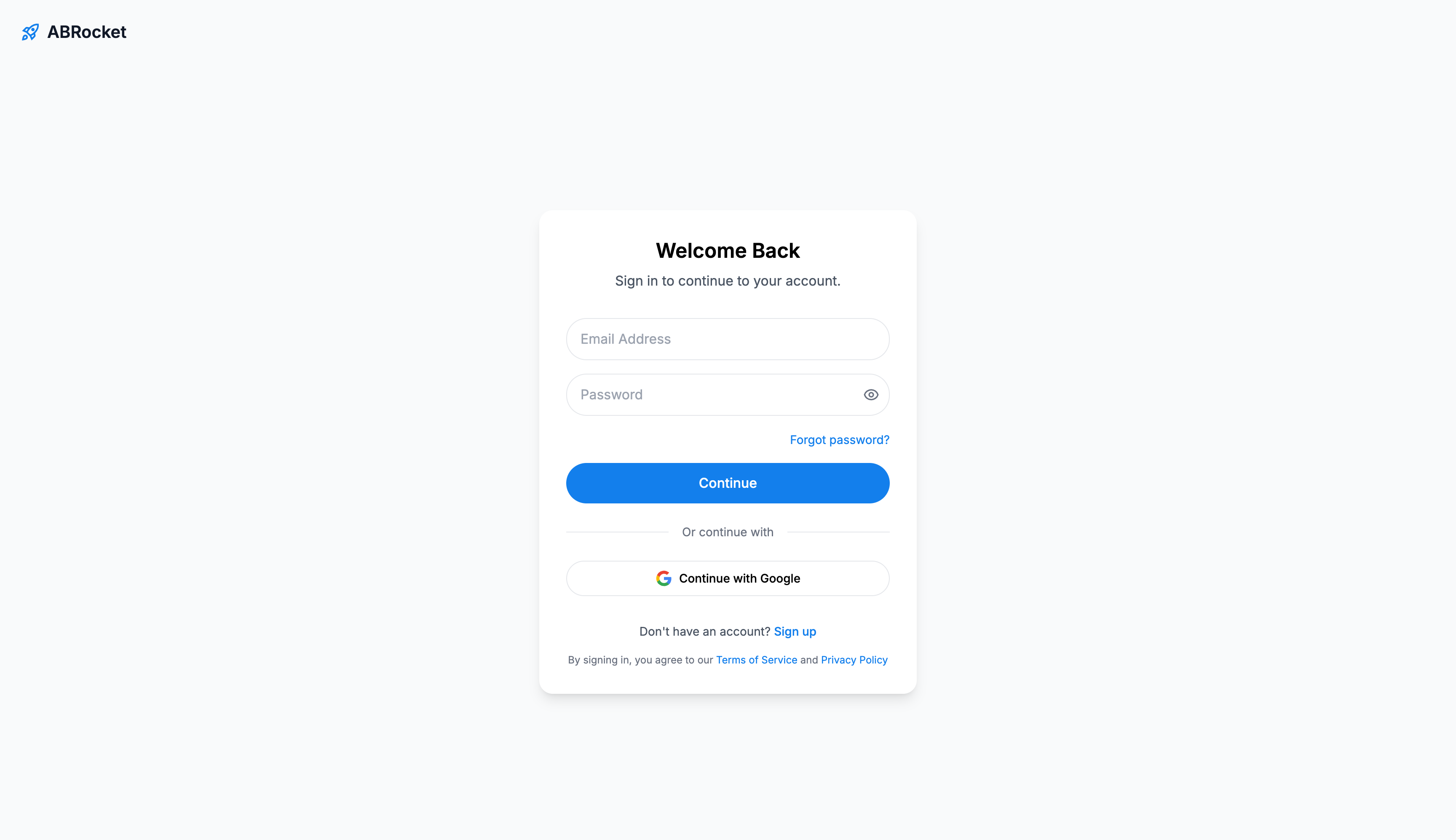 ABRocket login page with Google sign-in