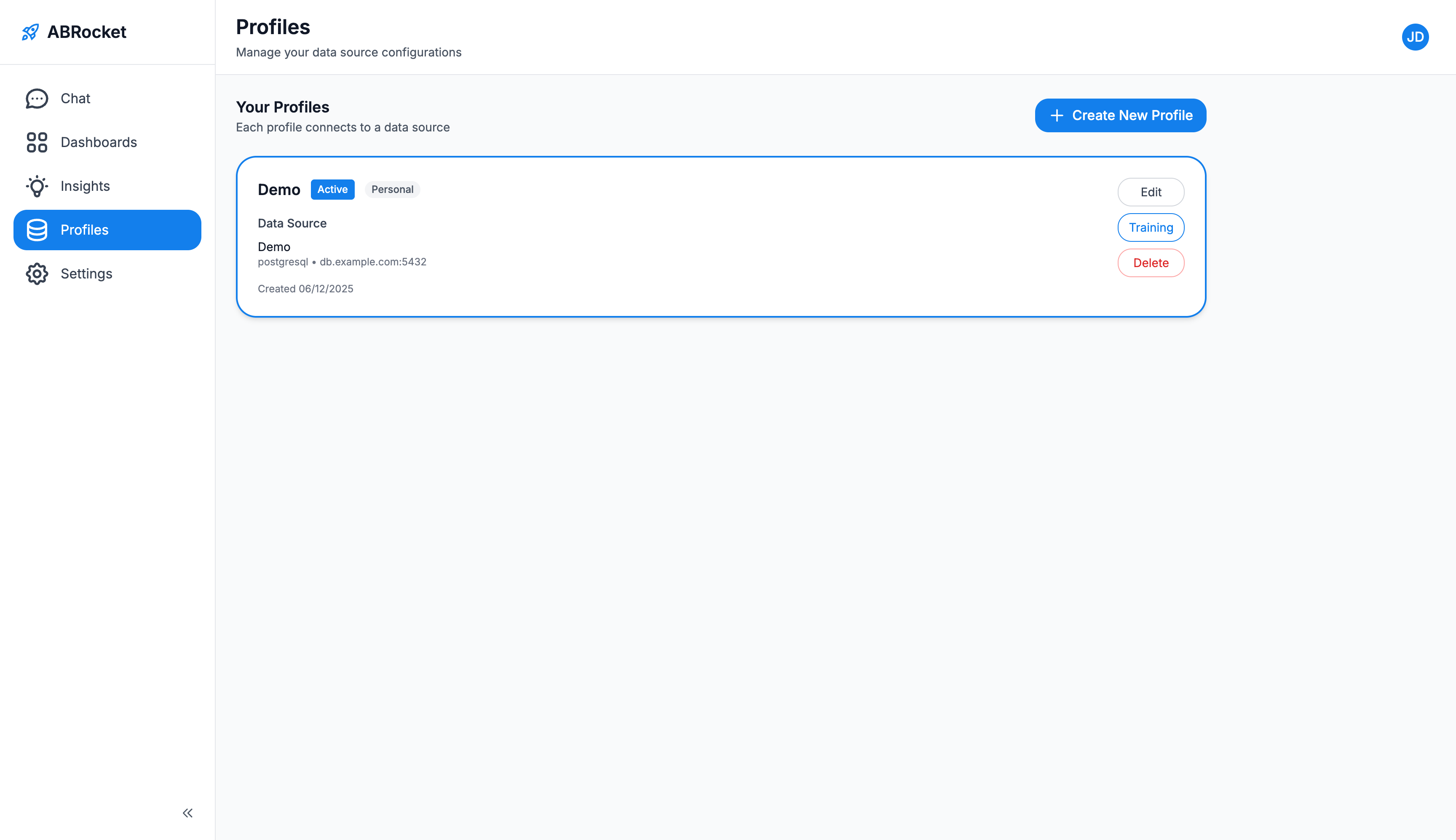 ABRocket profiles page showing data source connections