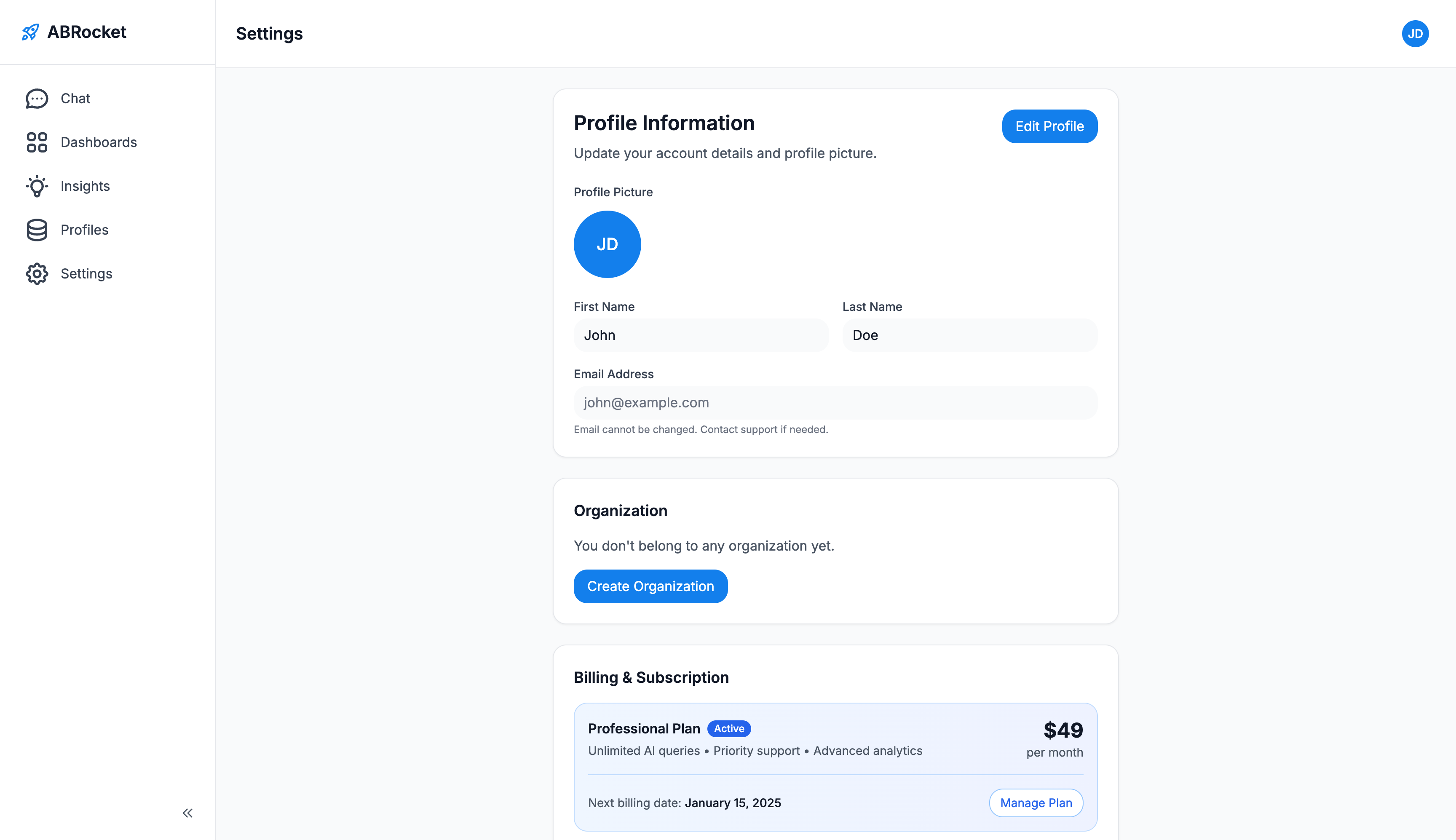 ABRocket settings page with profile, workspace, and billing sections